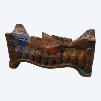 Handgeschnitzte Karpfenskulptur aus Massivholz – asiatische Vintage-Kunst, Ende des 19. Jahrhunderts