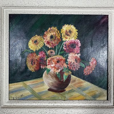 Huile sur toile nature morte bouquet de fleurs XXe par L. Dupal