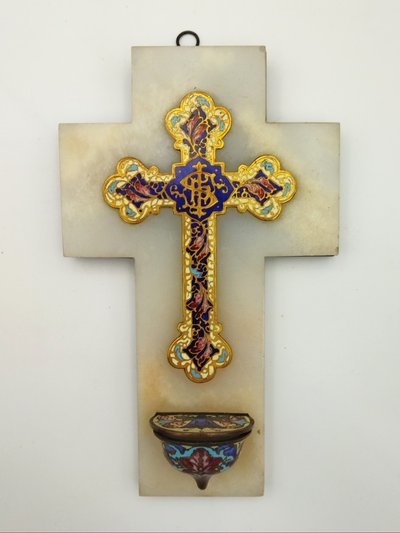 CRUCIFIX Holy Water Font in Polychrome Cloisonné Enamel on Onyx and Brass, 19th Century Collection