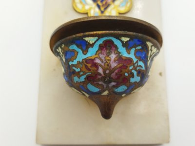 CRUCIFIX Holy Water Font in Polychrome Cloisonné Enamel on Onyx and Brass, 19th Century Collection