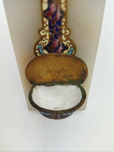 CRUCIFIX Holy Water Font in Polychrome Cloisonné Enamel on Onyx and Brass, 19th Century Collection
