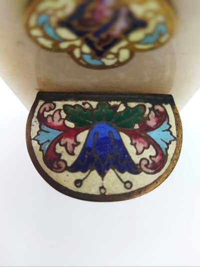 CRUCIFIX Holy Water Font in Polychrome Cloisonné Enamel on Onyx and Brass, 19th Century Collection