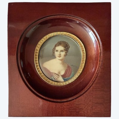 Romantic miniature – Elegant female portrait in its mahogany frame – Late 19th/Early 20th century