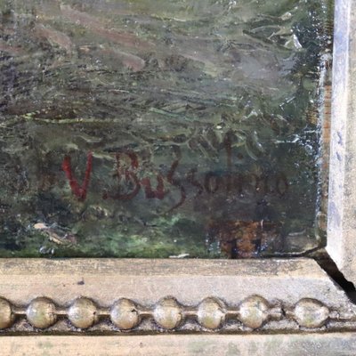 Dipinto ad olio su tavola, paesaggio con gregge, firmato V. Bussolino, Italia, XIX secolo