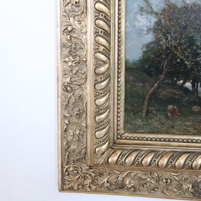 Dipinto ad olio su tavola, paesaggio con gregge, firmato V. Bussolino, Italia, XIX secolo