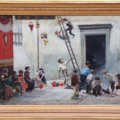 Dipinto ad olio su tela, Bambini che giocano, Italia, XIX secolo