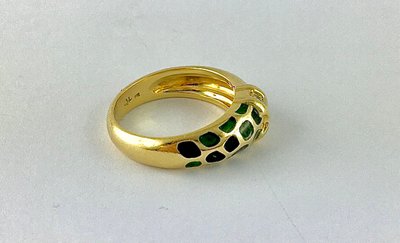 Bague Signée Korloff, Motif Stylisé de Panthère, Laque Noire et Verte, Diamants sur Or Jaune