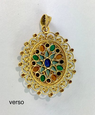 Pendentif Pierres de Couleur Et Travail de Granulation en Or Jaune