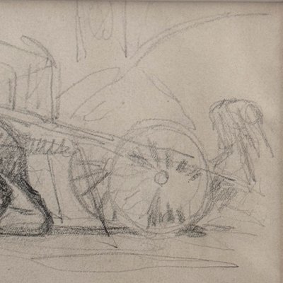 Dessin esquisse représentant un attelage avec des chevaux de trait XXe