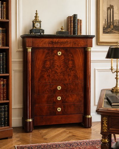 Secrétaire Empire en Acajou Flammé à Abattant – Dessus Marbre Noir – XIXe Siècle