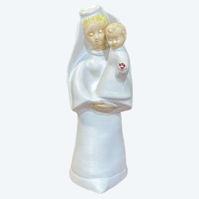 Vergine con Bambino in terracotta di Quimper con sfondo avorio di Bel DELECOURT (1915 - 2017)