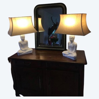 Paire de Lampes Bouddha Céramique Blanche Style Chinoiserie 1970