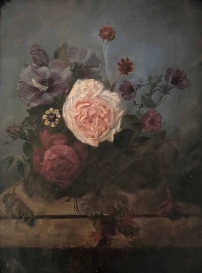 Dipinto ad olio su tela, circa 1874, Composizione floreale su trabeazione, firmato e incorniciato.