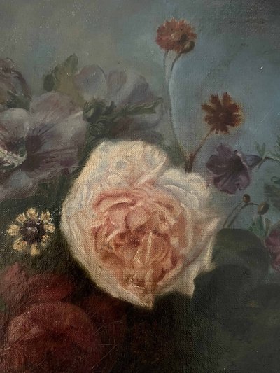 Dipinto ad olio su tela, circa 1874, Composizione floreale su trabeazione, firmato e incorniciato.