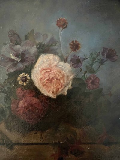 Dipinto ad olio su tela, circa 1874, Composizione floreale su trabeazione, firmato e incorniciato.