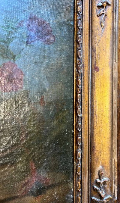 Dipinto ad olio su tela, circa 1874, Composizione floreale su trabeazione, firmato e incorniciato.