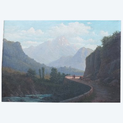 A. DUEZ - Paesaggio dei Pirenei - Tarbes - XIX secolo - Olio su tela -