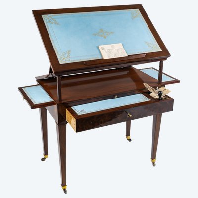 Tavolo in stile Tronchin in mogano e mogano cubano fiammato, periodo Direttorio (1795-1799)