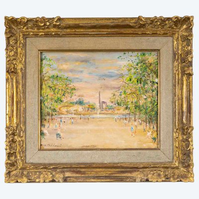 Serge Belloni (1925-2005) - Le Jardin des Tuileries huile sur bois vers 1970