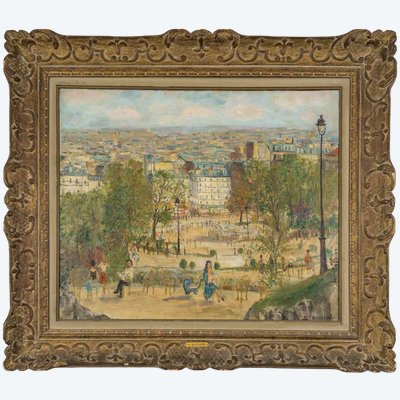 Serge Belloni (1925-2005) Montmartre Square Louise-michel vu du Sacré-Coeur huile sur toile 1970