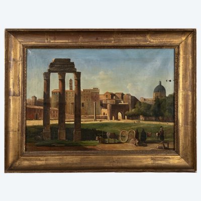 Huile sur toile encadrée - Ruines du Forum à Rome, XIXe siècle
