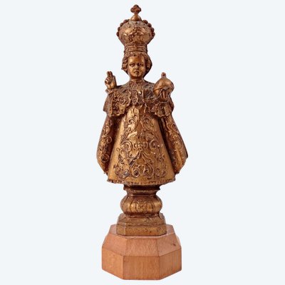 Gesù di Praga, scultura in lega di zinco dorata e legno, inizio XX secolo.