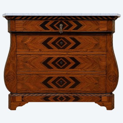 Commode marqueterie style suisse – plateau marbre de Carrare