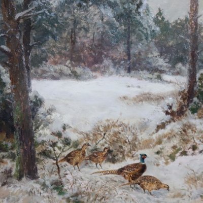 Faisans dans la neige, peinture à l'huile sur panneau, signée Wilhelm Buddenberg