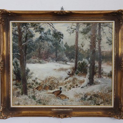 Faisans dans la neige, peinture à l'huile sur panneau, signée Wilhelm Buddenberg