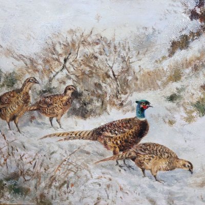 Faisans dans la neige, peinture à l'huile sur panneau, signée Wilhelm Buddenberg