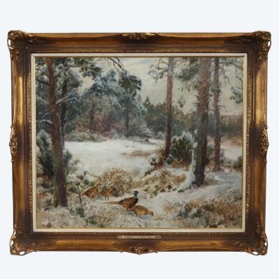 Faisans dans la neige, peinture à l'huile sur panneau, signée Wilhelm Buddenberg