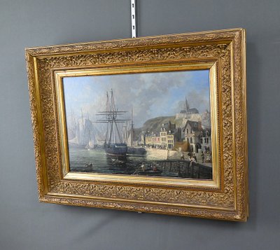 Dipinto "Banchina illuminata", Olio su tavola, firmato Jules d'Évry - Metà del XIX secolo