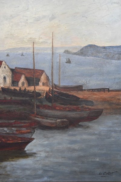 Dipinto "Il porto di Camaret", olio su tela, firmato H. Callot - Inizi del XX secolo