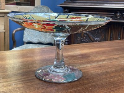 Stemmed enameled glass bowl signed LEG for LEGRAS