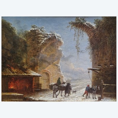 César Van LOO (Attribué à) - Porte de ville en ruine près d'une forge