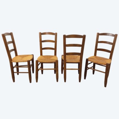 Set of 4 vintage brutalist chairs in wood and straw from the 1960s