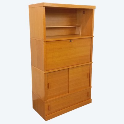 Meuble secrétaire bibliothèque de rangement vintage en bois de chêne des années 60