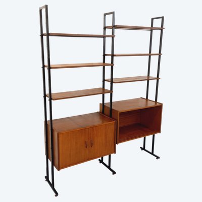 Bibliothèque étagère italienne double modulable vintage en teck et métal des années 60