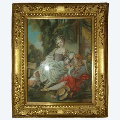 "Jeune flûteur et damoiselle au petit chien", aquarelle époque fin 18ème.