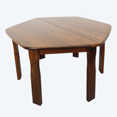 Table à manger hexagonale vintage brutaliste en bois de chêne des années 50 avec rallonge