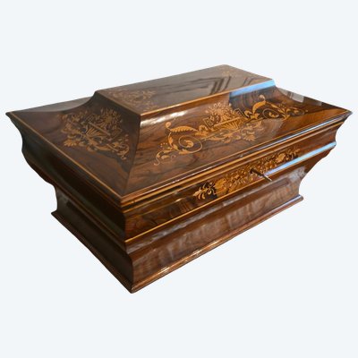 Large sarcophagus-shaped case in rosewood and holly marquetry Restoration period.