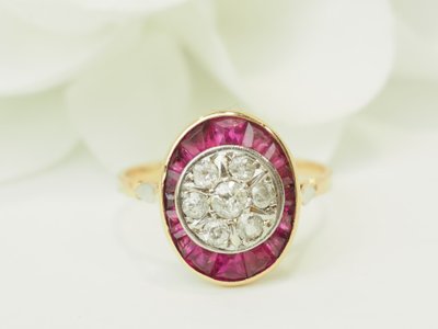 Bague Art Nouveau Rubis Diamants en Or Jaune 18kt et Platine 