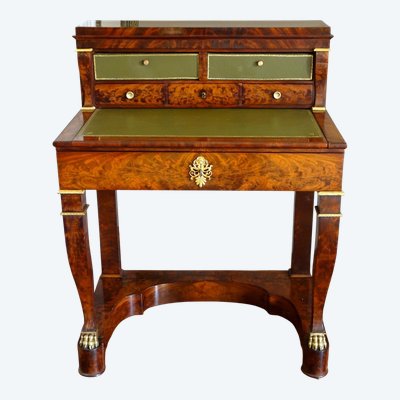 Scrittoio di epoca impero in mogano e bronzo dorato con piano di scrittura in cartone
