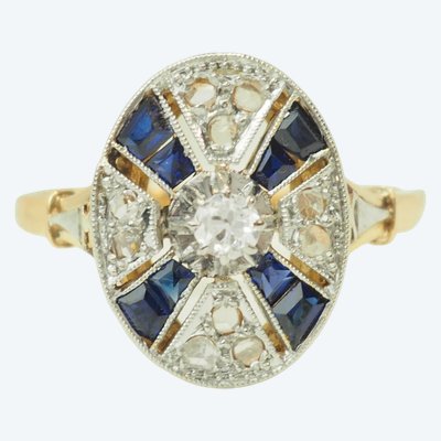 Anello Art Déco Zaffiri calibrati e diamanti taglio rosa Oro 18 carati Platino