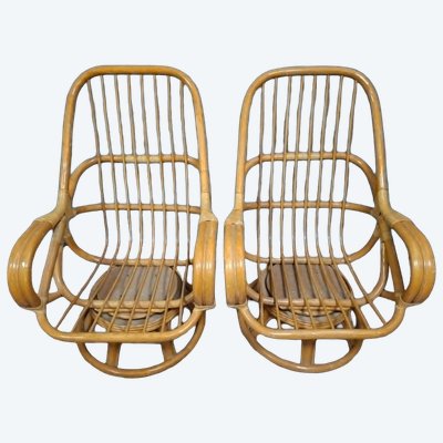 paire de fauteuils pivotants en rotin, travail des années 1970