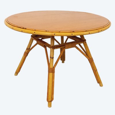 Runder Couchtisch aus Rattan und Holz im Vintage-Stil der 60er Jahre