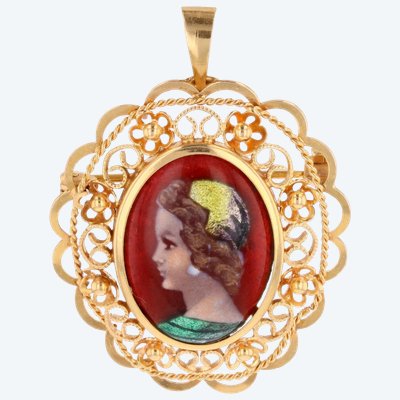 Spilla vintage con ciondolo in oro giallo e smalto di Limoges