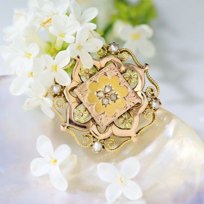 Alte Kragenbrosche Gold Diamant Feinperlen