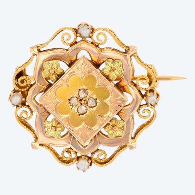 Spilla da collo in oro antico con diamanti e perle