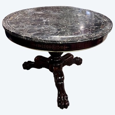 TAVOLO CON PIEDISTALLO TRIPODE - PALISSANDRO - MARMO DI PORTOR - RESTAURO - 1830 CIRCA.
